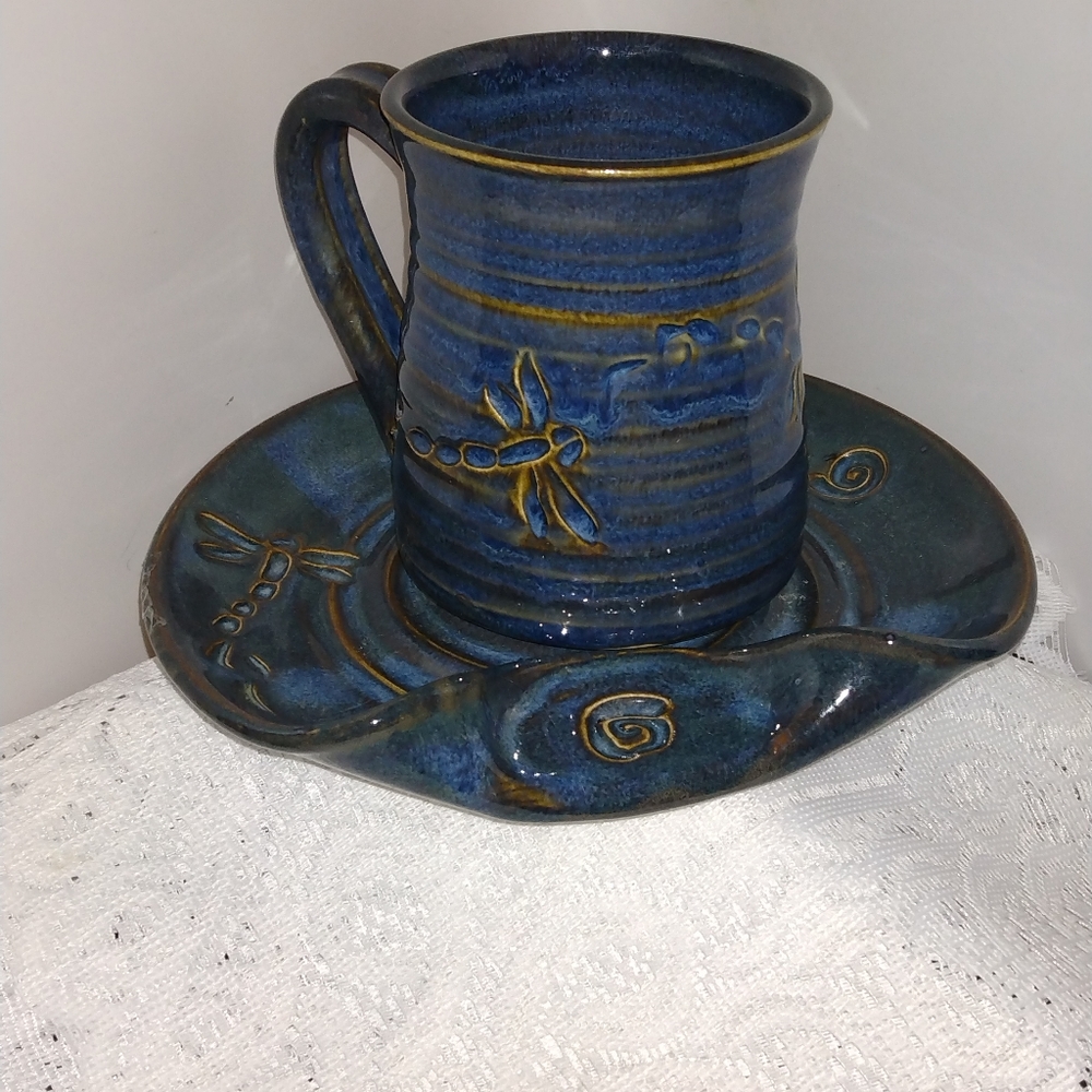 Hand Crafted  Pottery Blue Glazed Cup Plate